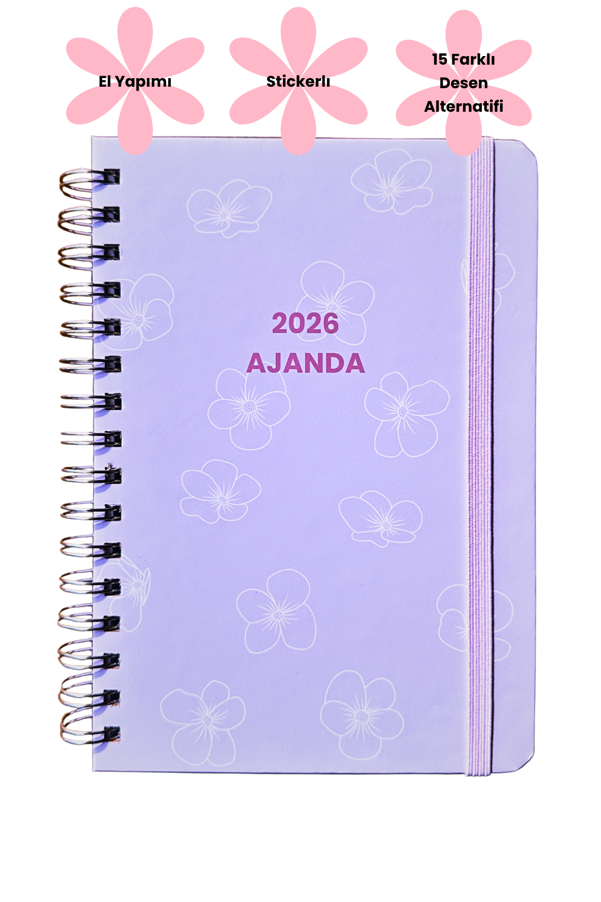 2026 Haftalık Ajandası - El Yapımı, 2 Sayfa Stickerlı - Eflatun Çiçekli