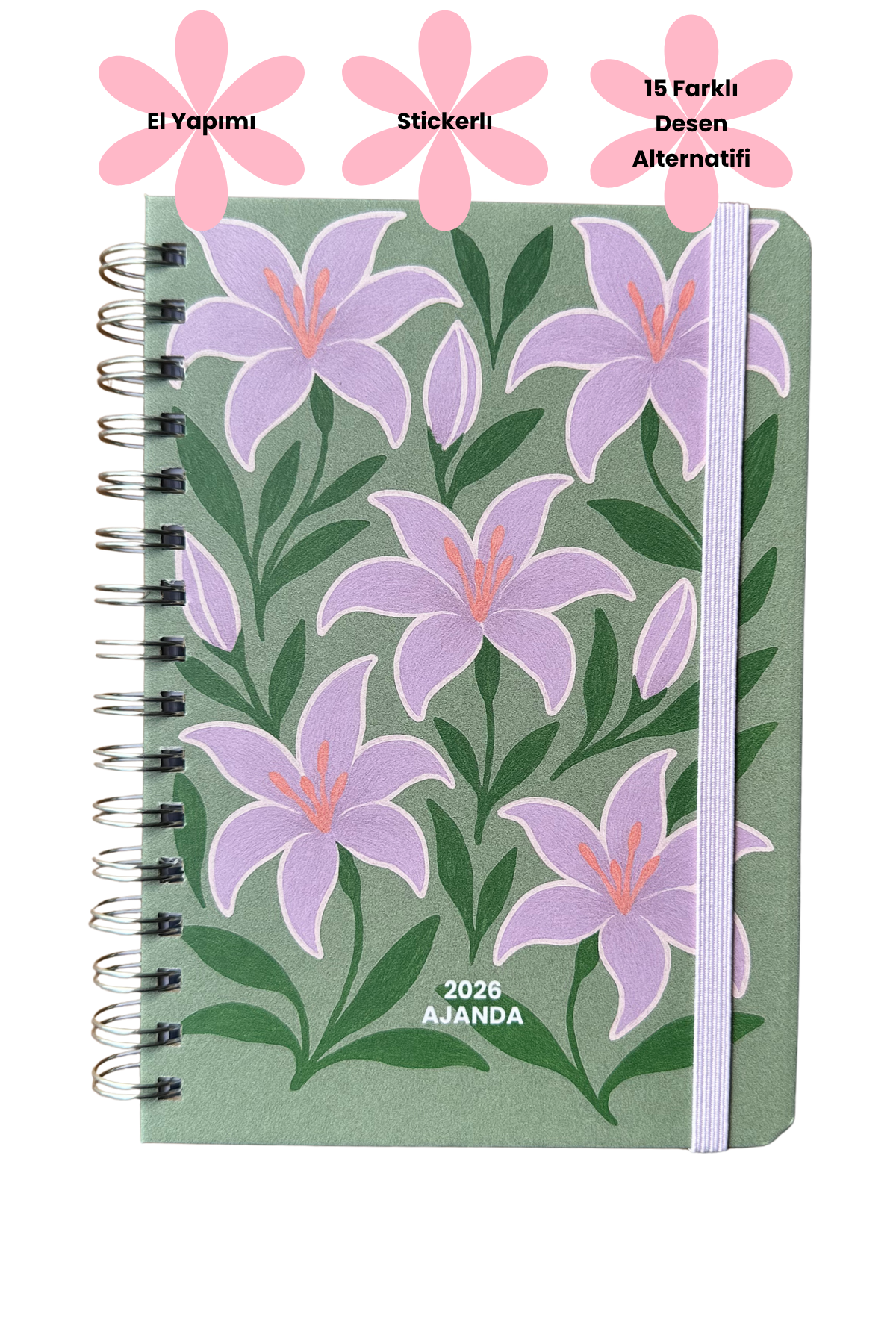 2026 Haftalık Ajandası - El Yapımı, 2 Sayfa Stickerlı - Mor Zambaklar